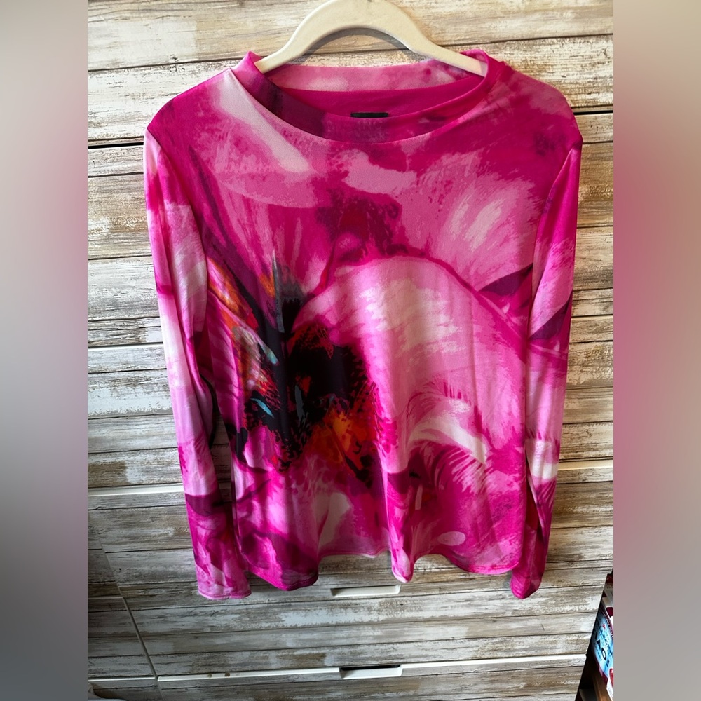 🌺 INC International Concepts Sheer Floral Overlay Top Pink Long Sleeve XL